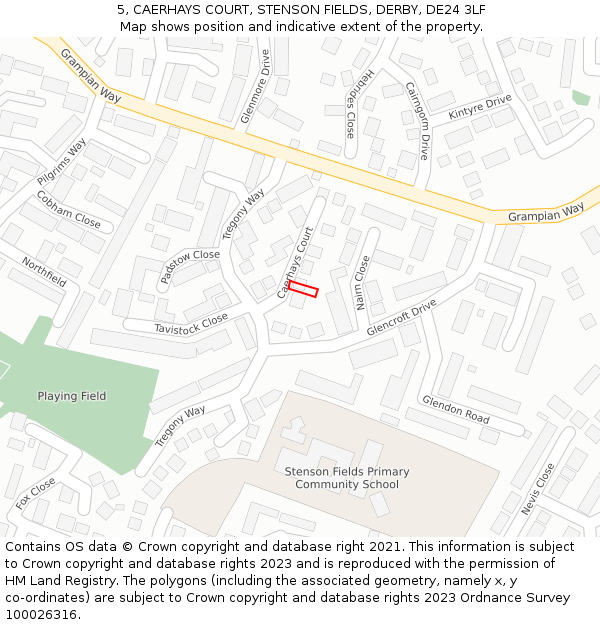 5, CAERHAYS COURT, STENSON FIELDS, DERBY, DE24 3LF: Location map and indicative extent of plot