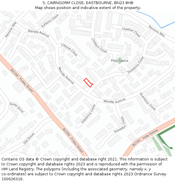 5, CAIRNGORM CLOSE, EASTBOURNE, BN23 8HB: Location map and indicative extent of plot