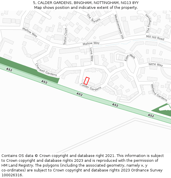 5, CALDER GARDENS, BINGHAM, NOTTINGHAM, NG13 8YY: Location map and indicative extent of plot