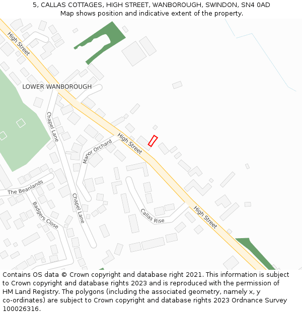 5, CALLAS COTTAGES, HIGH STREET, WANBOROUGH, SWINDON, SN4 0AD: Location map and indicative extent of plot