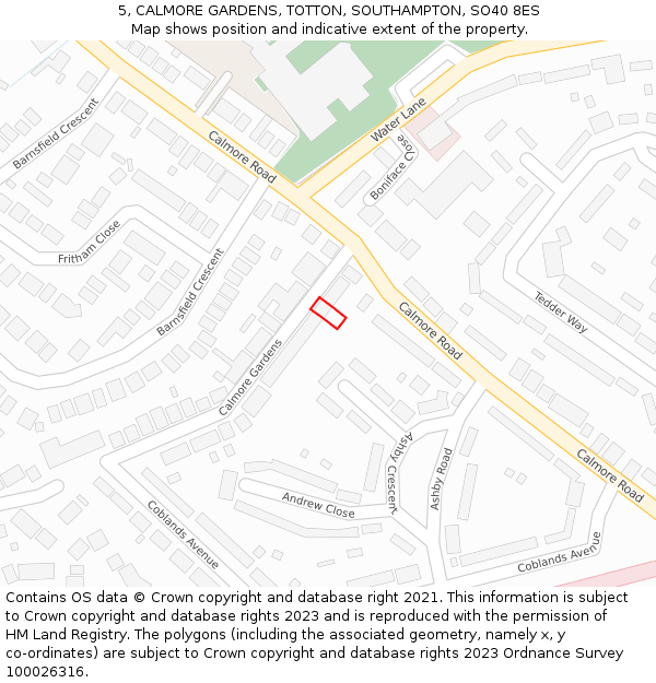 5, CALMORE GARDENS, TOTTON, SOUTHAMPTON, SO40 8ES: Location map and indicative extent of plot