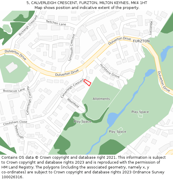 5, CALVERLEIGH CRESCENT, FURZTON, MILTON KEYNES, MK4 1HT: Location map and indicative extent of plot