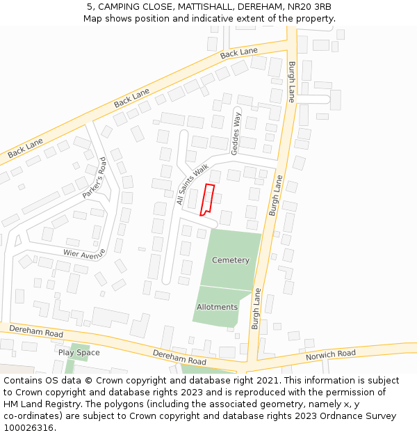 5, CAMPING CLOSE, MATTISHALL, DEREHAM, NR20 3RB: Location map and indicative extent of plot