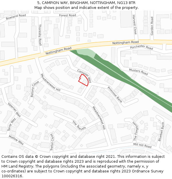 5, CAMPION WAY, BINGHAM, NOTTINGHAM, NG13 8TR: Location map and indicative extent of plot