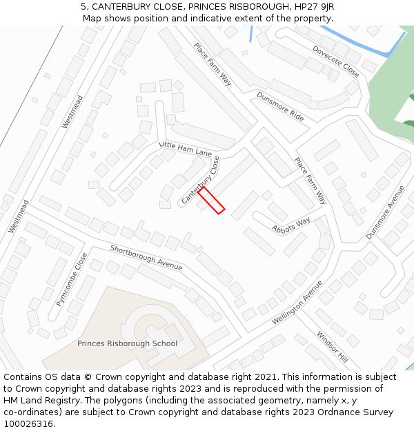 5, CANTERBURY CLOSE, PRINCES RISBOROUGH, HP27 9JR: Location map and indicative extent of plot