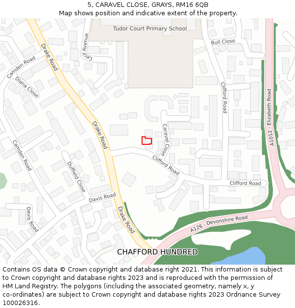 5, CARAVEL CLOSE, GRAYS, RM16 6QB: Location map and indicative extent of plot