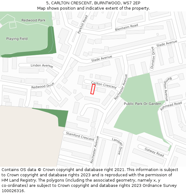 5, CARLTON CRESCENT, BURNTWOOD, WS7 2EP: Location map and indicative extent of plot