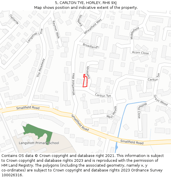 5, CARLTON TYE, HORLEY, RH6 9XJ: Location map and indicative extent of plot