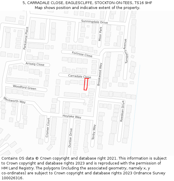 5, CARRADALE CLOSE, EAGLESCLIFFE, STOCKTON-ON-TEES, TS16 9HF: Location map and indicative extent of plot