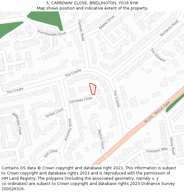 5, CARROWAY CLOSE, BRIDLINGTON, YO16 6YW: Location map and indicative extent of plot