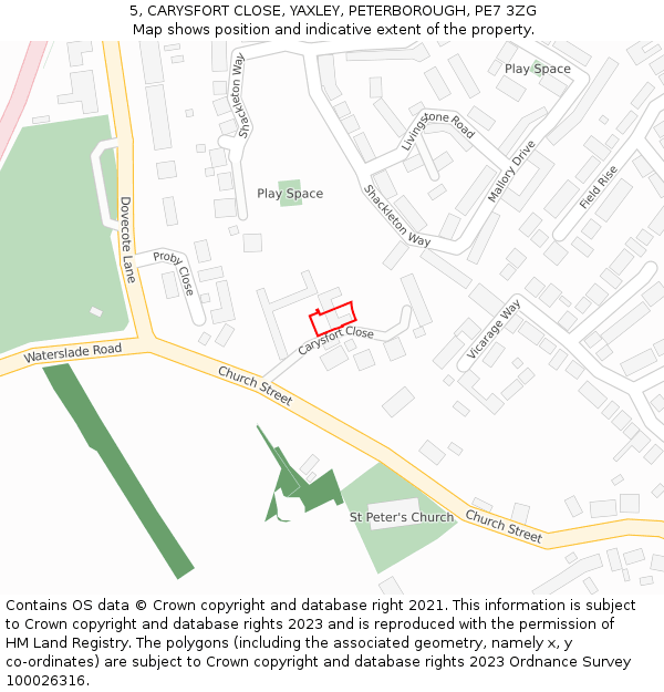 5, CARYSFORT CLOSE, YAXLEY, PETERBOROUGH, PE7 3ZG: Location map and indicative extent of plot