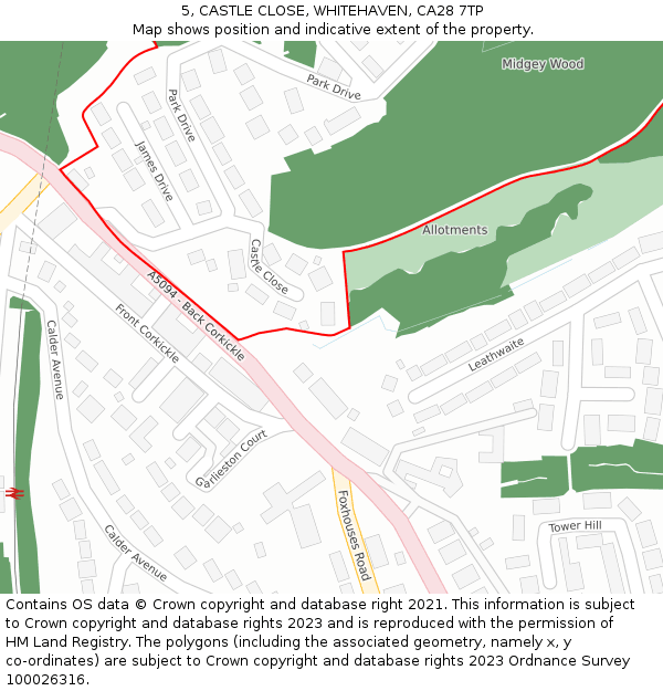 5, CASTLE CLOSE, WHITEHAVEN, CA28 7TP: Location map and indicative extent of plot