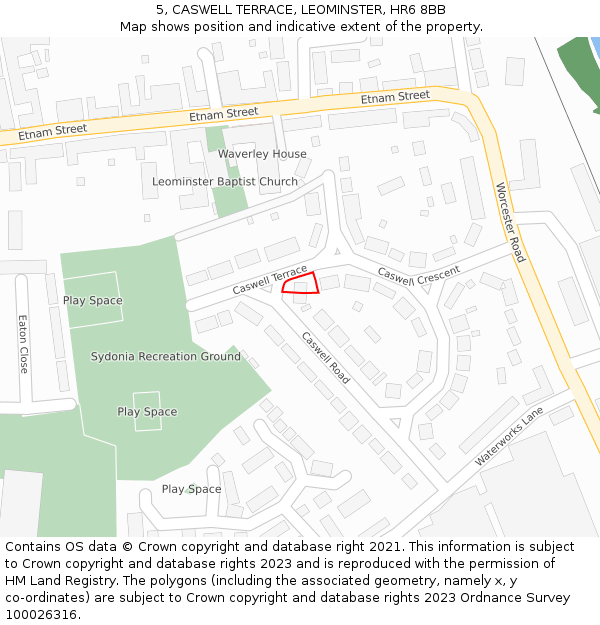 5, CASWELL TERRACE, LEOMINSTER, HR6 8BB: Location map and indicative extent of plot