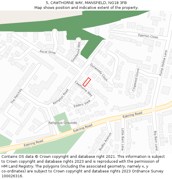 5, CAWTHORNE WAY, MANSFIELD, NG18 3FB: Location map and indicative extent of plot