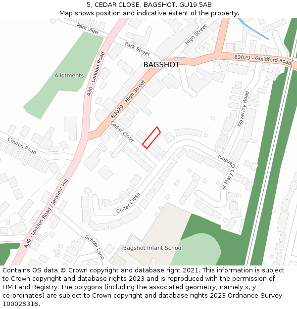 5, CEDAR CLOSE, BAGSHOT, GU19 5AB: Location map and indicative extent of plot