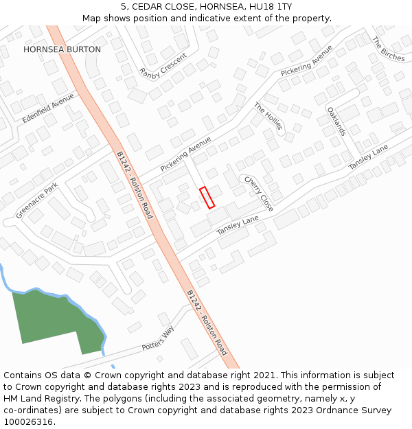 5, CEDAR CLOSE, HORNSEA, HU18 1TY: Location map and indicative extent of plot