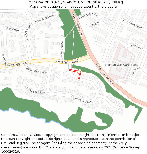 5, CEDARWOOD GLADE, STAINTON, MIDDLESBROUGH, TS8 9DJ: Location map and indicative extent of plot