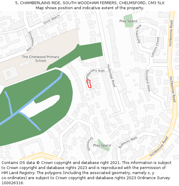 5, CHAMBERLAINS RIDE, SOUTH WOODHAM FERRERS, CHELMSFORD, CM3 5LX: Location map and indicative extent of plot