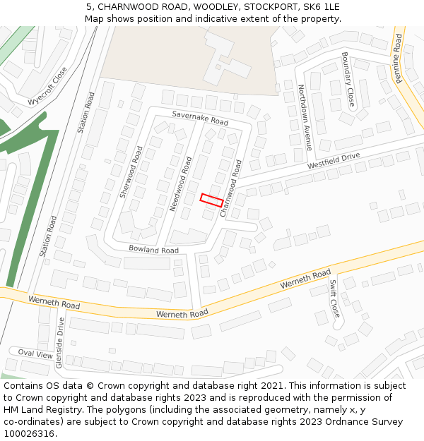 5, CHARNWOOD ROAD, WOODLEY, STOCKPORT, SK6 1LE: Location map and indicative extent of plot