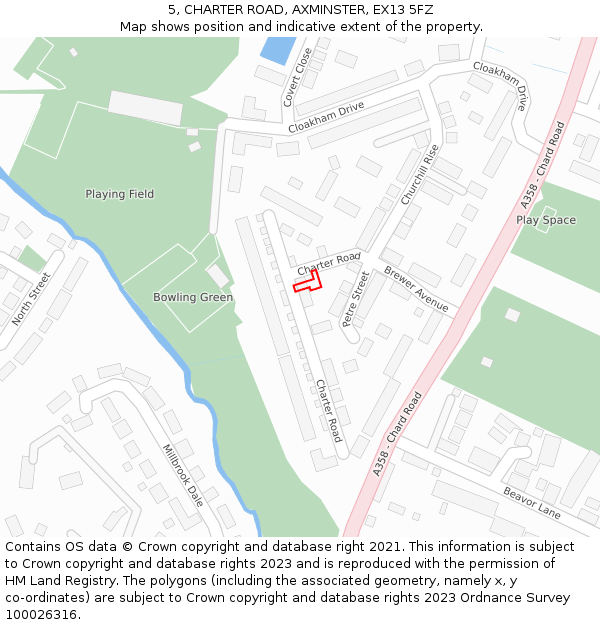 5, CHARTER ROAD, AXMINSTER, EX13 5FZ: Location map and indicative extent of plot