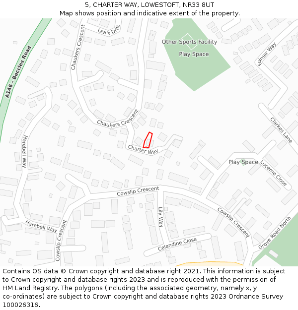 5, CHARTER WAY, LOWESTOFT, NR33 8UT: Location map and indicative extent of plot