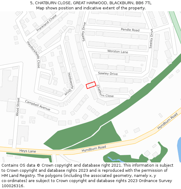 5, CHATBURN CLOSE, GREAT HARWOOD, BLACKBURN, BB6 7TL: Location map and indicative extent of plot