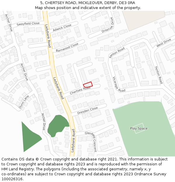 5, CHERTSEY ROAD, MICKLEOVER, DERBY, DE3 0RA: Location map and indicative extent of plot