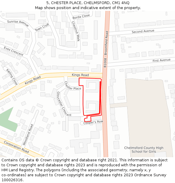 5, CHESTER PLACE, CHELMSFORD, CM1 4NQ: Location map and indicative extent of plot