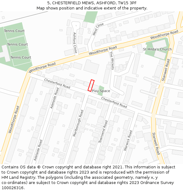 5, CHESTERFIELD MEWS, ASHFORD, TW15 3PF: Location map and indicative extent of plot