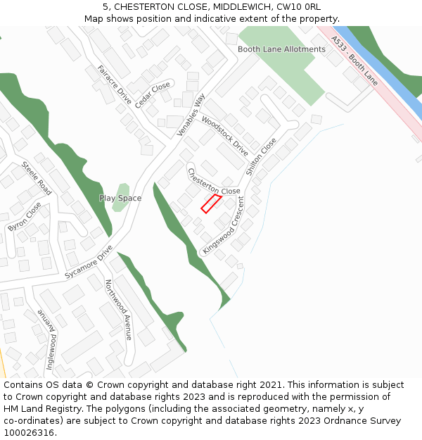 5, CHESTERTON CLOSE, MIDDLEWICH, CW10 0RL: Location map and indicative extent of plot