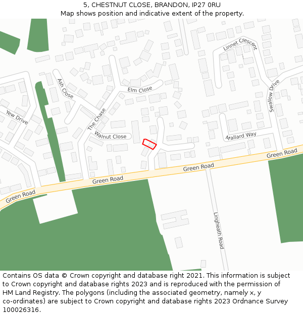 5, CHESTNUT CLOSE, BRANDON, IP27 0RU: Location map and indicative extent of plot