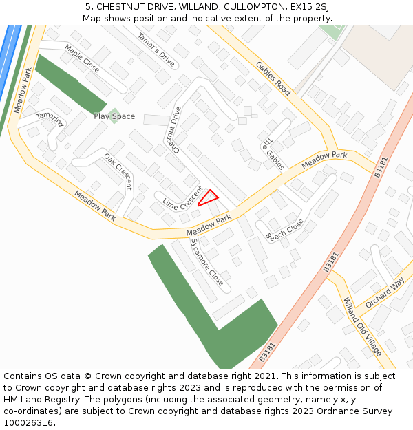 5, CHESTNUT DRIVE, WILLAND, CULLOMPTON, EX15 2SJ: Location map and indicative extent of plot