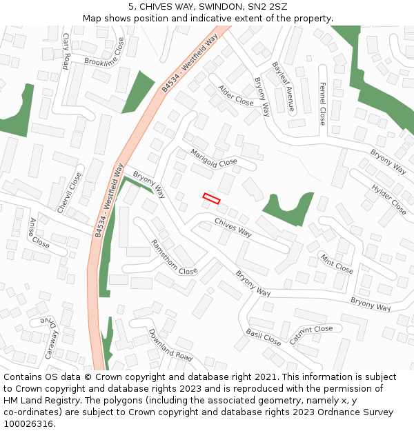 5, CHIVES WAY, SWINDON, SN2 2SZ: Location map and indicative extent of plot