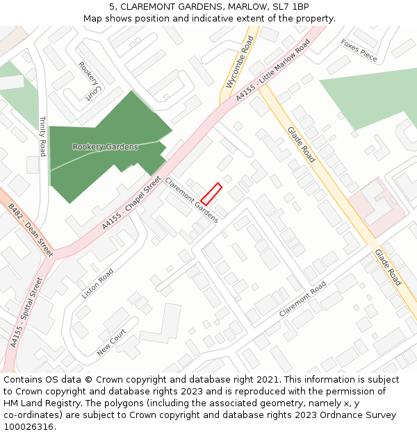 5, CLAREMONT GARDENS, MARLOW, SL7 1BP: Location map and indicative extent of plot