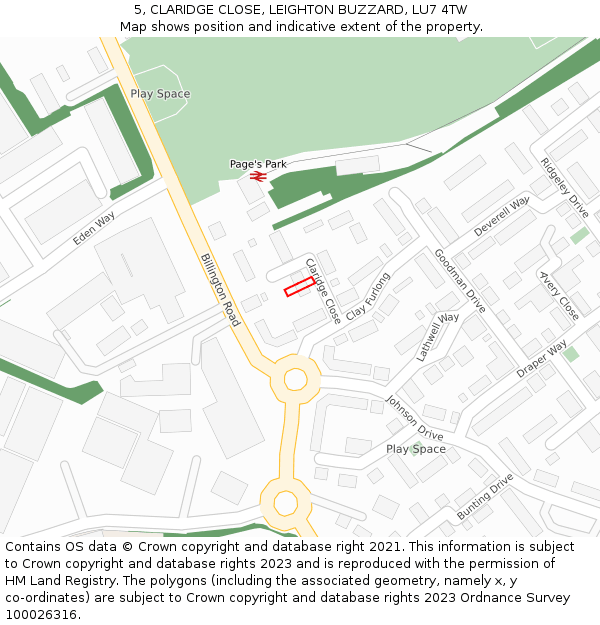 5, CLARIDGE CLOSE, LEIGHTON BUZZARD, LU7 4TW: Location map and indicative extent of plot