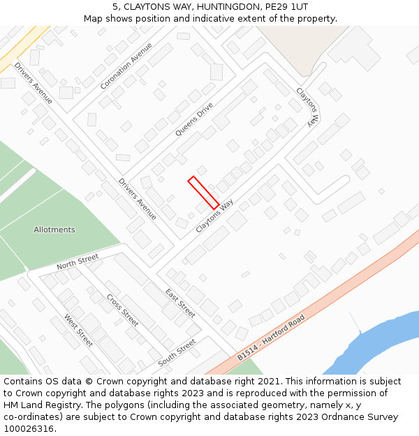 5, CLAYTONS WAY, HUNTINGDON, PE29 1UT: Location map and indicative extent of plot