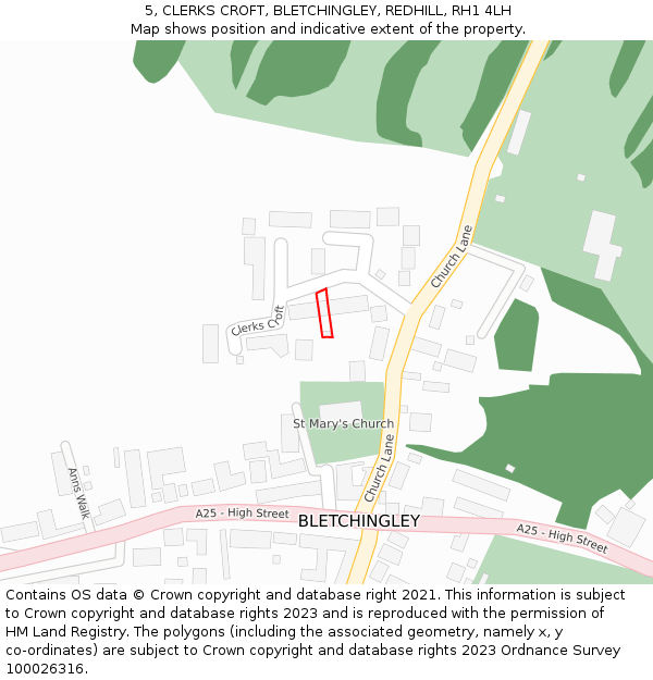 5, CLERKS CROFT, BLETCHINGLEY, REDHILL, RH1 4LH: Location map and indicative extent of plot