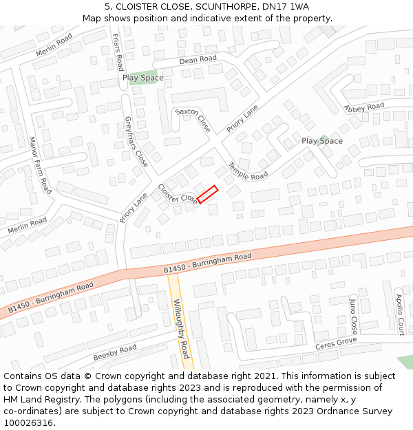 5, CLOISTER CLOSE, SCUNTHORPE, DN17 1WA: Location map and indicative extent of plot
