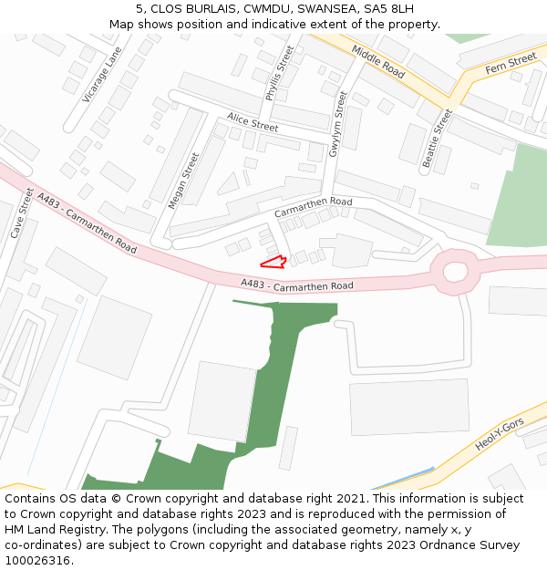 5, CLOS BURLAIS, CWMDU, SWANSEA, SA5 8LH: Location map and indicative extent of plot