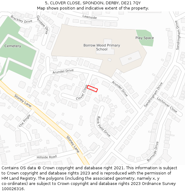 5, CLOVER CLOSE, SPONDON, DERBY, DE21 7QY: Location map and indicative extent of plot