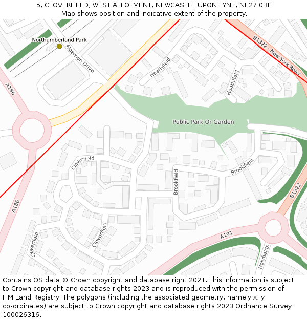 5, CLOVERFIELD, WEST ALLOTMENT, NEWCASTLE UPON TYNE, NE27 0BE: Location map and indicative extent of plot