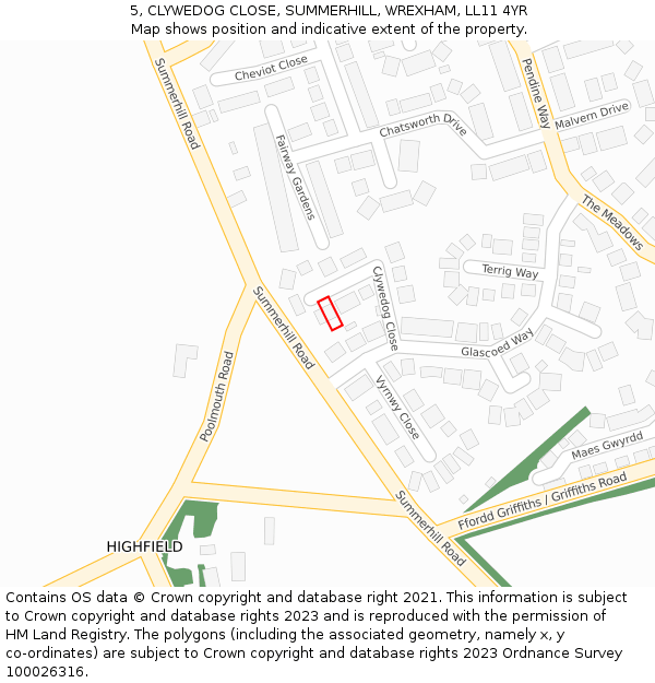 5, CLYWEDOG CLOSE, SUMMERHILL, WREXHAM, LL11 4YR: Location map and indicative extent of plot