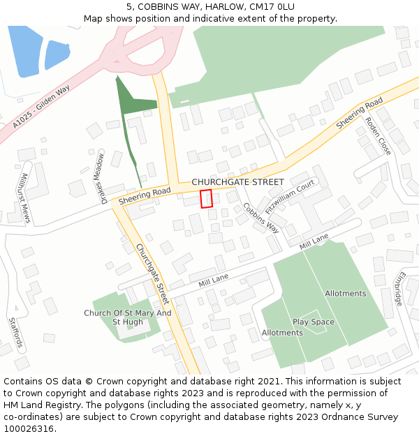 5, COBBINS WAY, HARLOW, CM17 0LU: Location map and indicative extent of plot