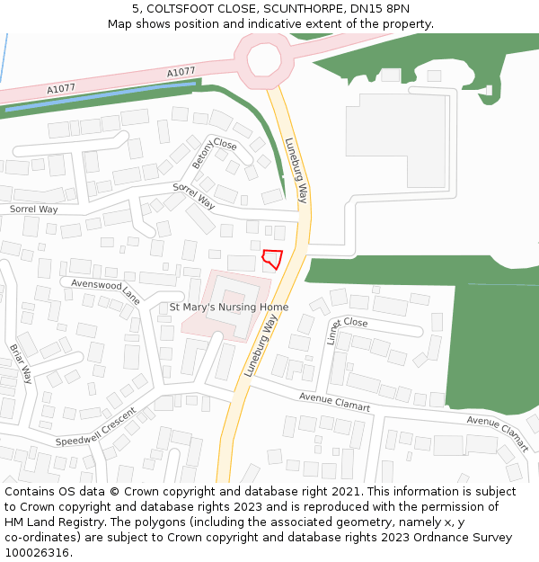 5, COLTSFOOT CLOSE, SCUNTHORPE, DN15 8PN: Location map and indicative extent of plot