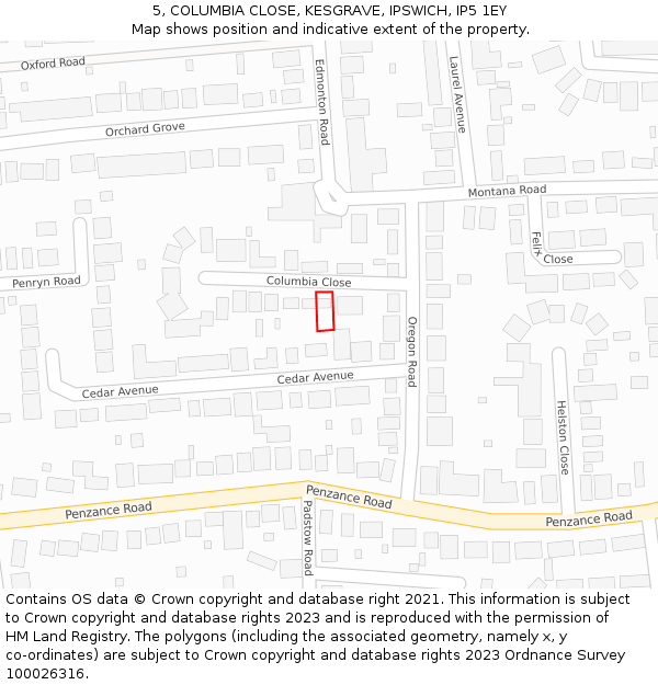 5, COLUMBIA CLOSE, KESGRAVE, IPSWICH, IP5 1EY: Location map and indicative extent of plot