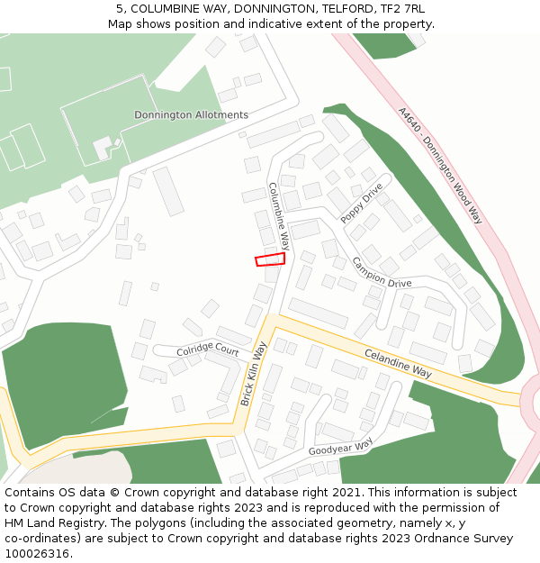 5, COLUMBINE WAY, DONNINGTON, TELFORD, TF2 7RL: Location map and indicative extent of plot