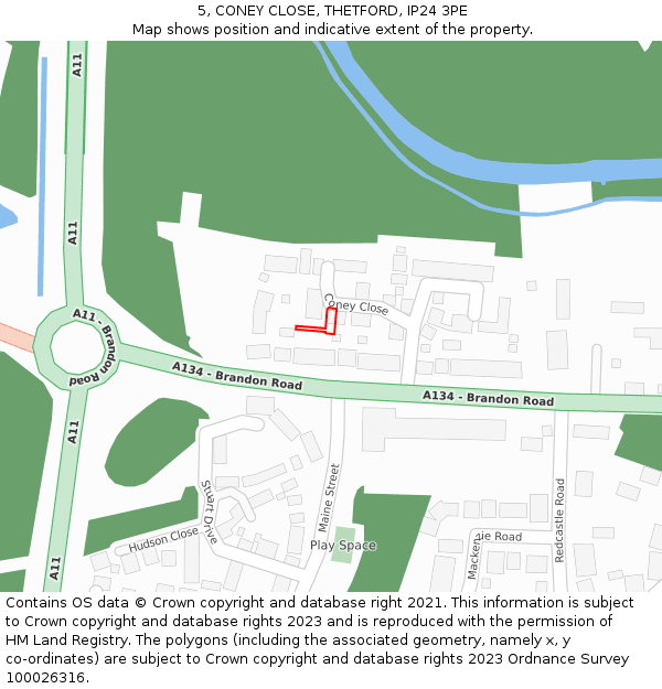 5, CONEY CLOSE, THETFORD, IP24 3PE: Location map and indicative extent of plot