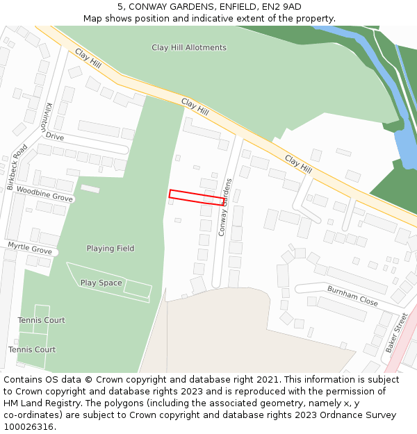 5, CONWAY GARDENS, ENFIELD, EN2 9AD: Location map and indicative extent of plot