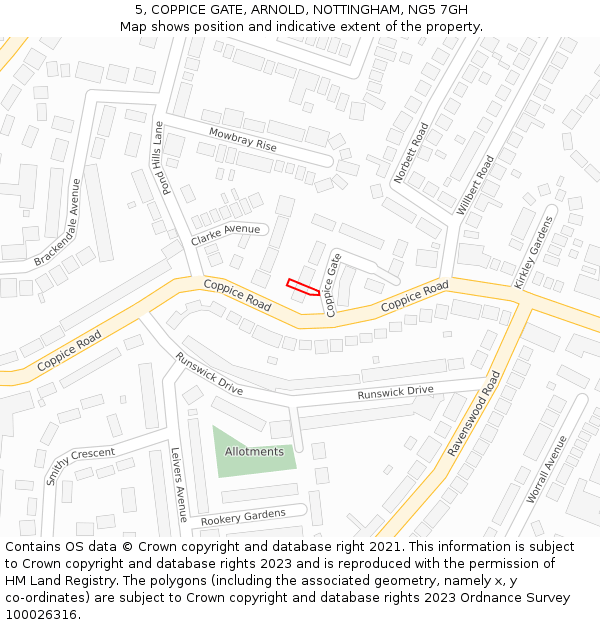 5, COPPICE GATE, ARNOLD, NOTTINGHAM, NG5 7GH: Location map and indicative extent of plot