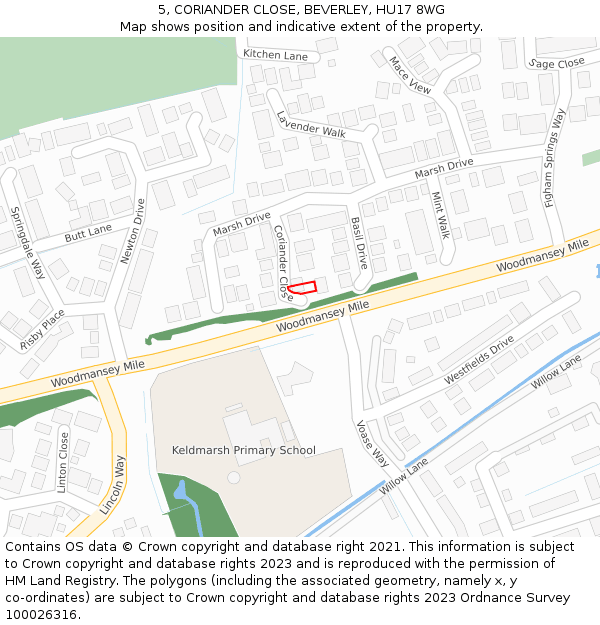 5, CORIANDER CLOSE, BEVERLEY, HU17 8WG: Location map and indicative extent of plot